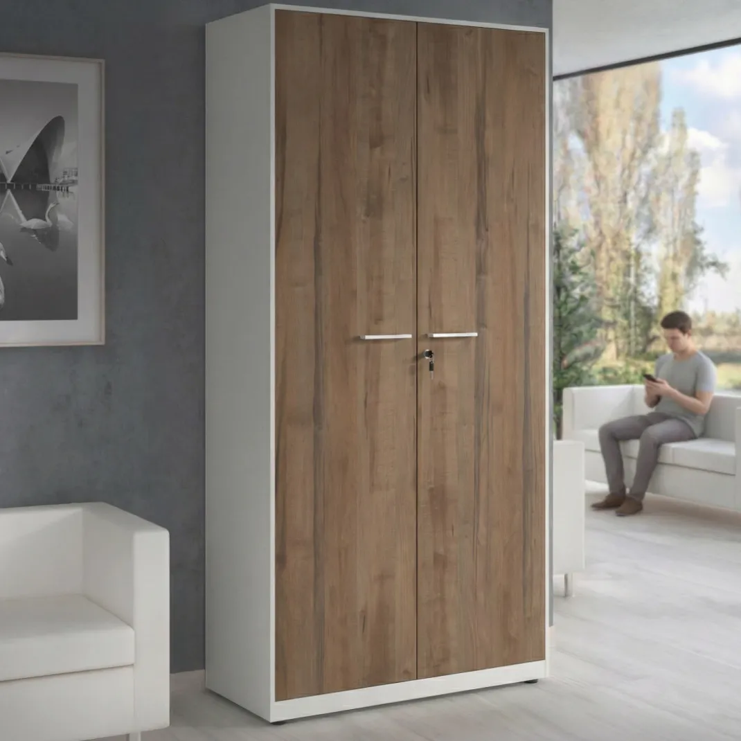 Armario metálico de oficina con puertas de melamina Strong 185x92cm, estructura blanca