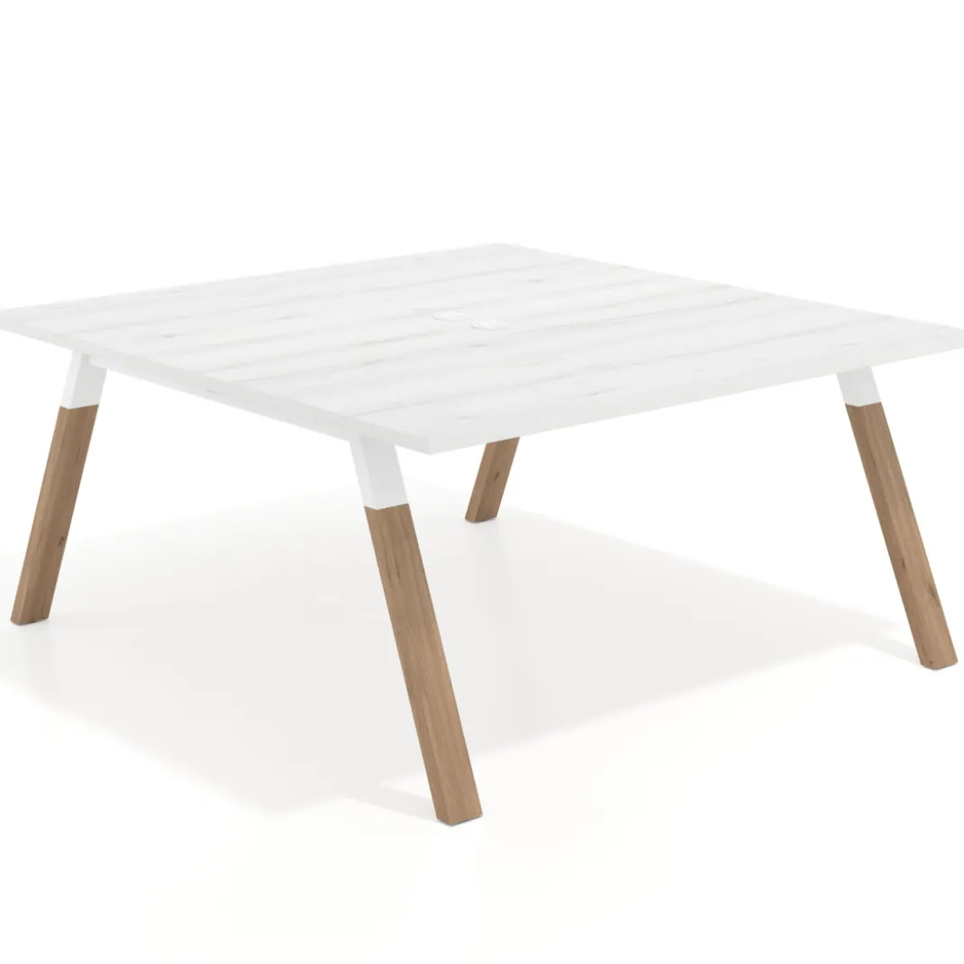 Mesa de oficina doble UvePro fondo 166, cantos rectos, estructura blanca/madera