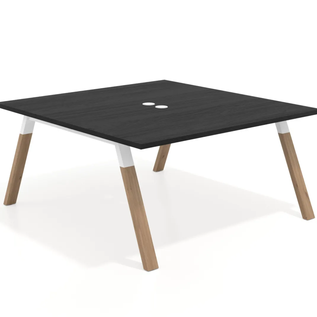 Mesa de oficina doble UvePro fondo 166, cantos rectos, estructura blanca/madera