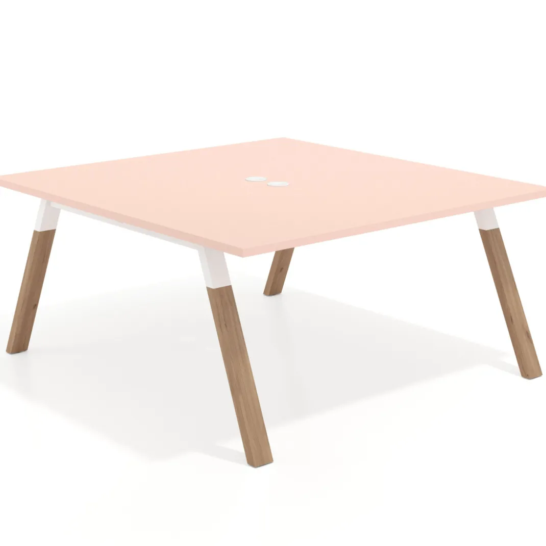 Mesa de oficina doble UvePro fondo 166, cantos rectos, estructura blanca/madera