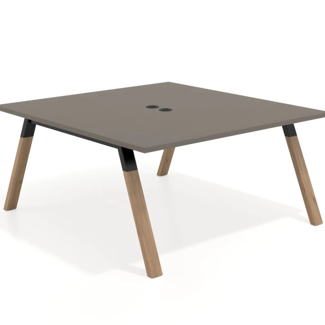 Mesa de oficina doble UvePro fondo 166, cantos rectos, estructura negra/madera