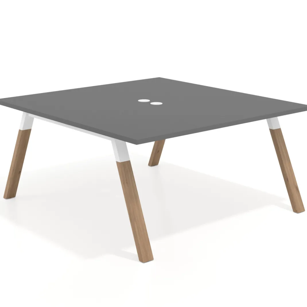 Mesa de oficina doble UvePro fondo 166, cantos rectos, estructura blanca/madera