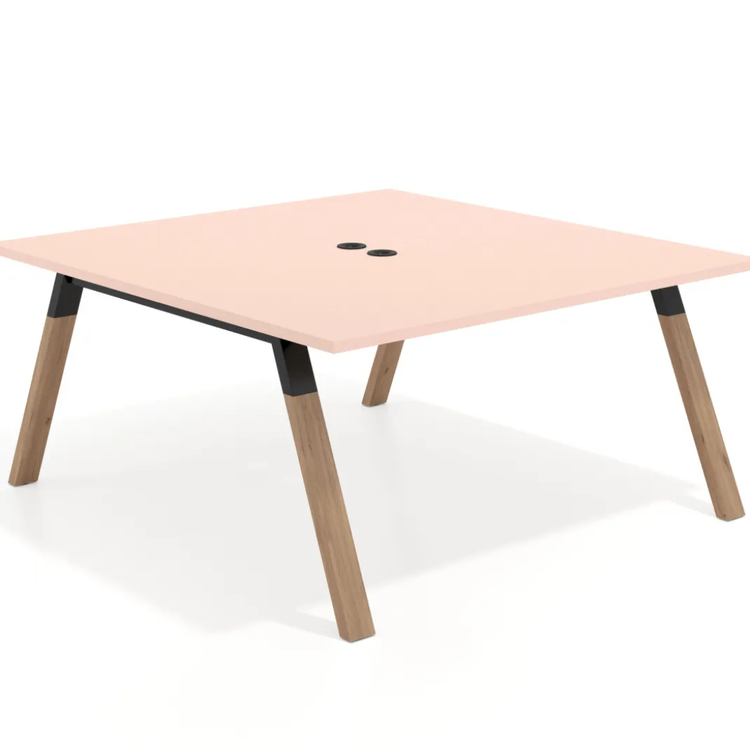 Mesa de oficina doble UvePro fondo 166, cantos rectos, estructura negra/madera