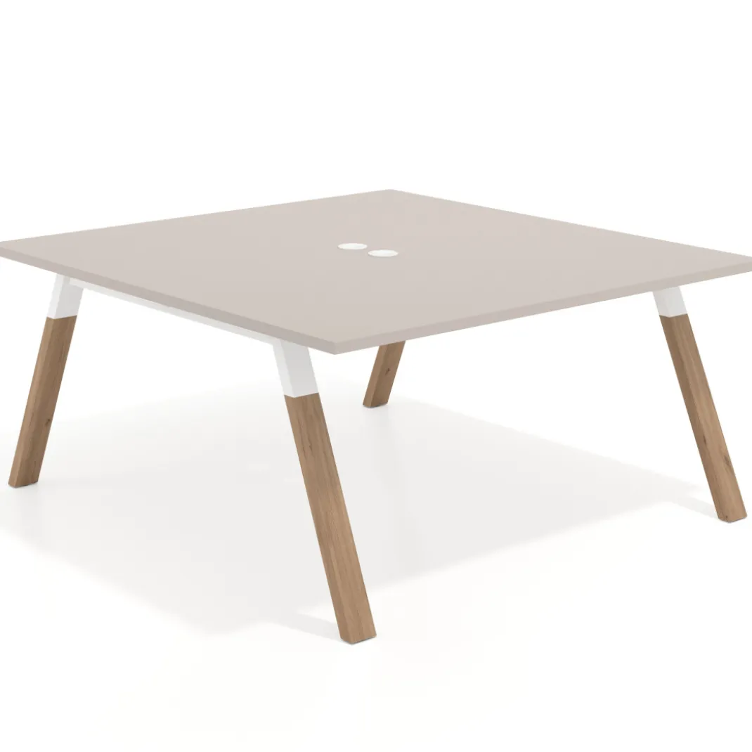 Mesa de oficina doble UvePro fondo 166, cantos rectos, estructura blanca/madera