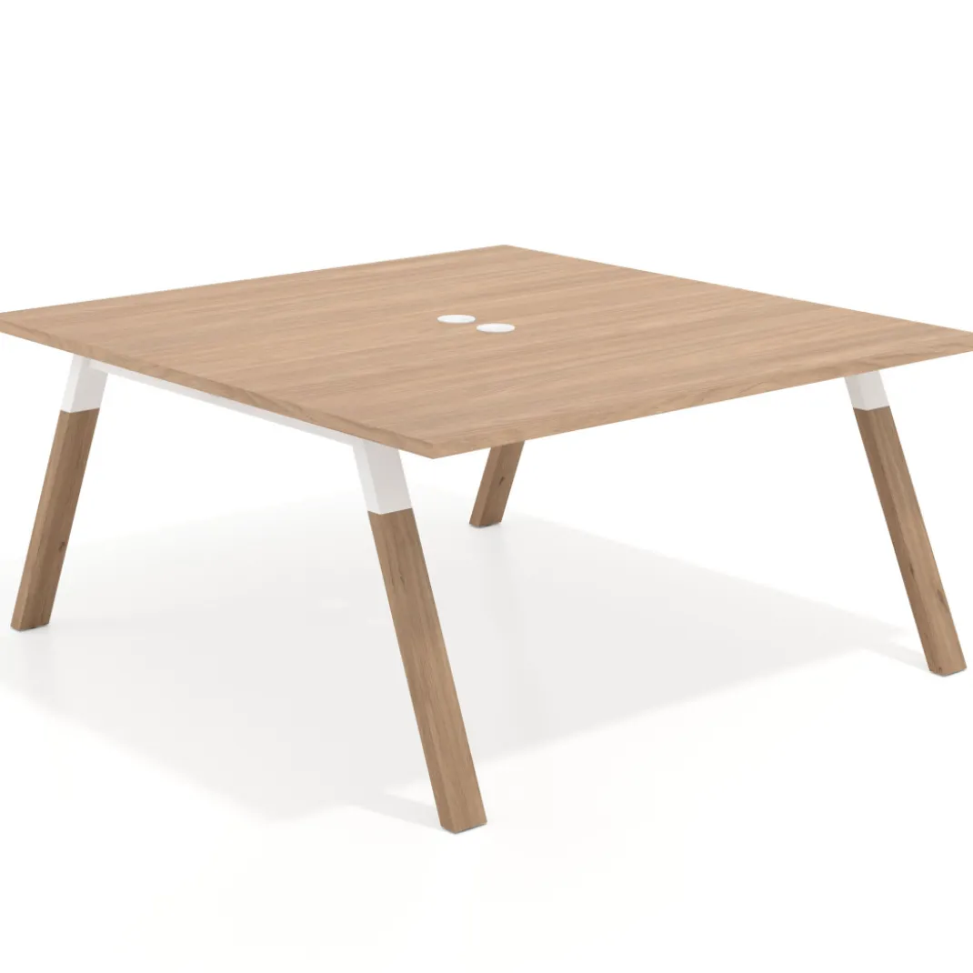 Mesa de oficina doble UvePro fondo 166, cantos rectos, estructura blanca/madera