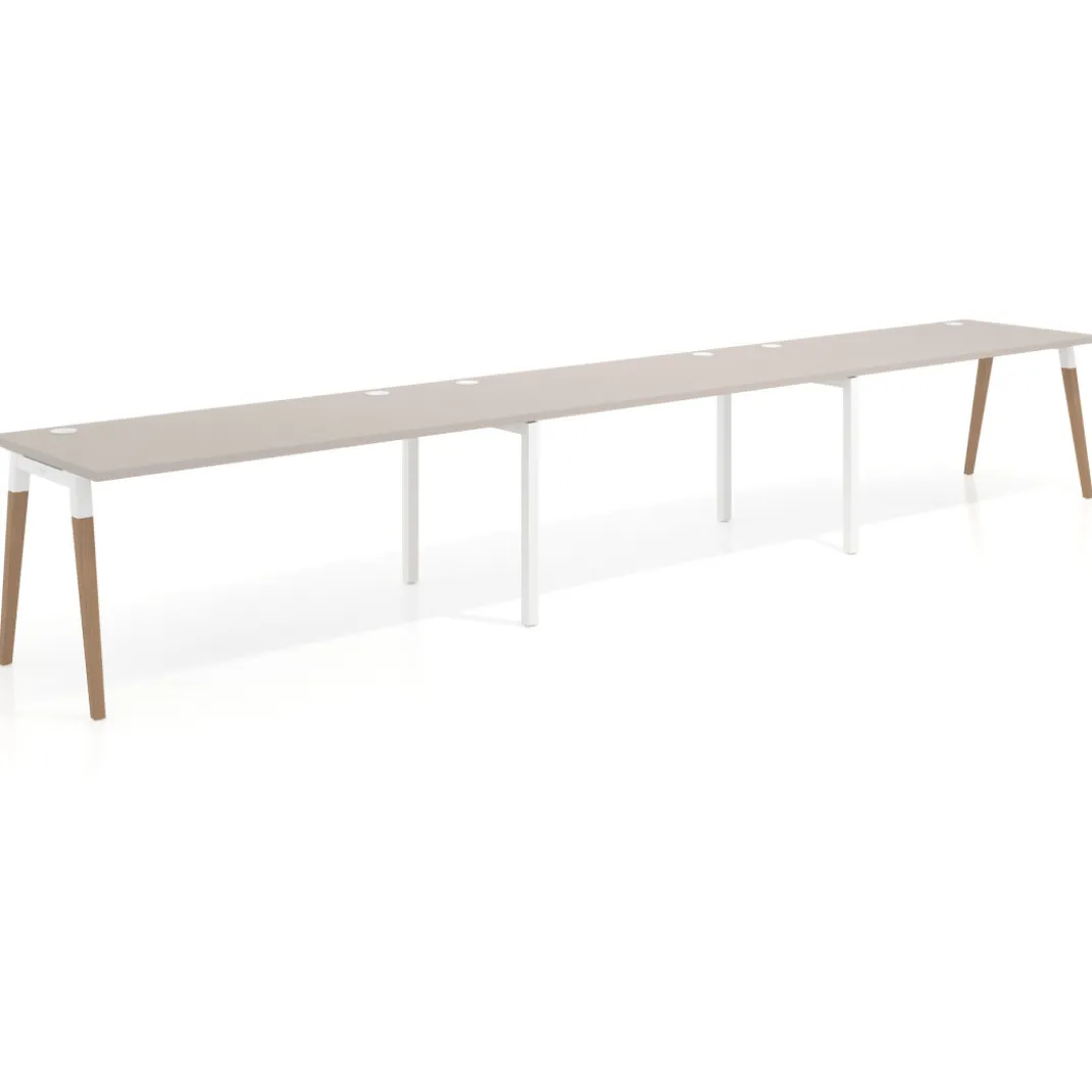 Mesa de oficina en continuidad Arki triple, patas de madera, fondo 80cm