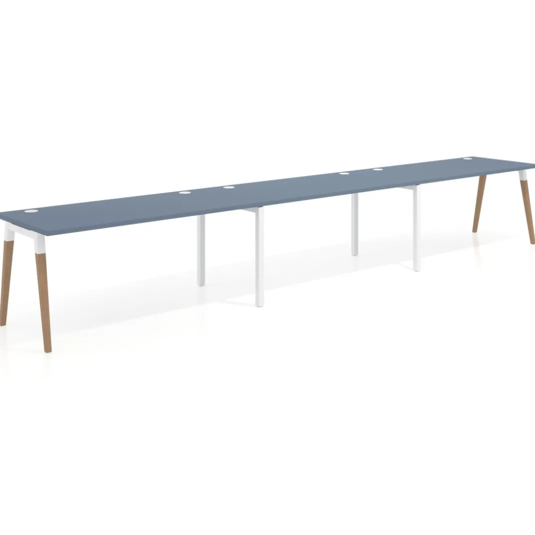 Mesa de oficina en continuidad Arki triple, patas de madera, fondo 80cm