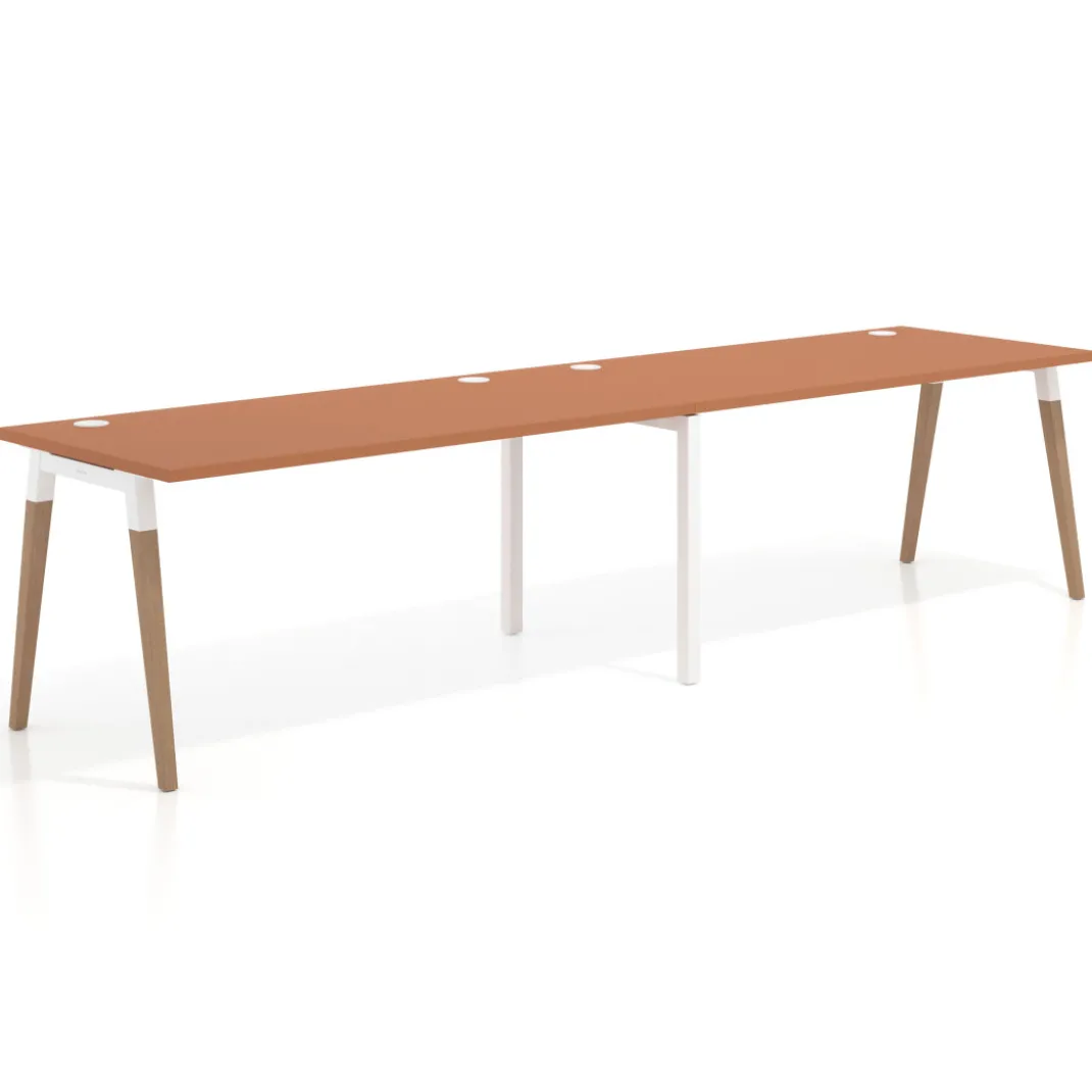 Mesa de oficina en continuidad Arki doble, patas de madera, fondo 80cm