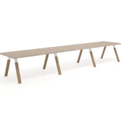 Mesa de oficina progresiva UvePro triple, fondo 100cm, estructura blanca, patas de madera