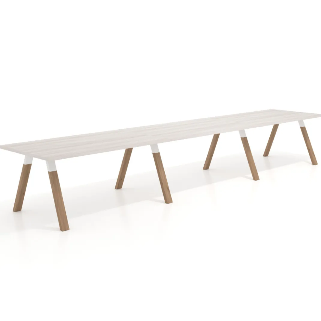 Mesa de oficina progresiva UvePro triple, fondo 100cm, estructura blanca, patas de madera