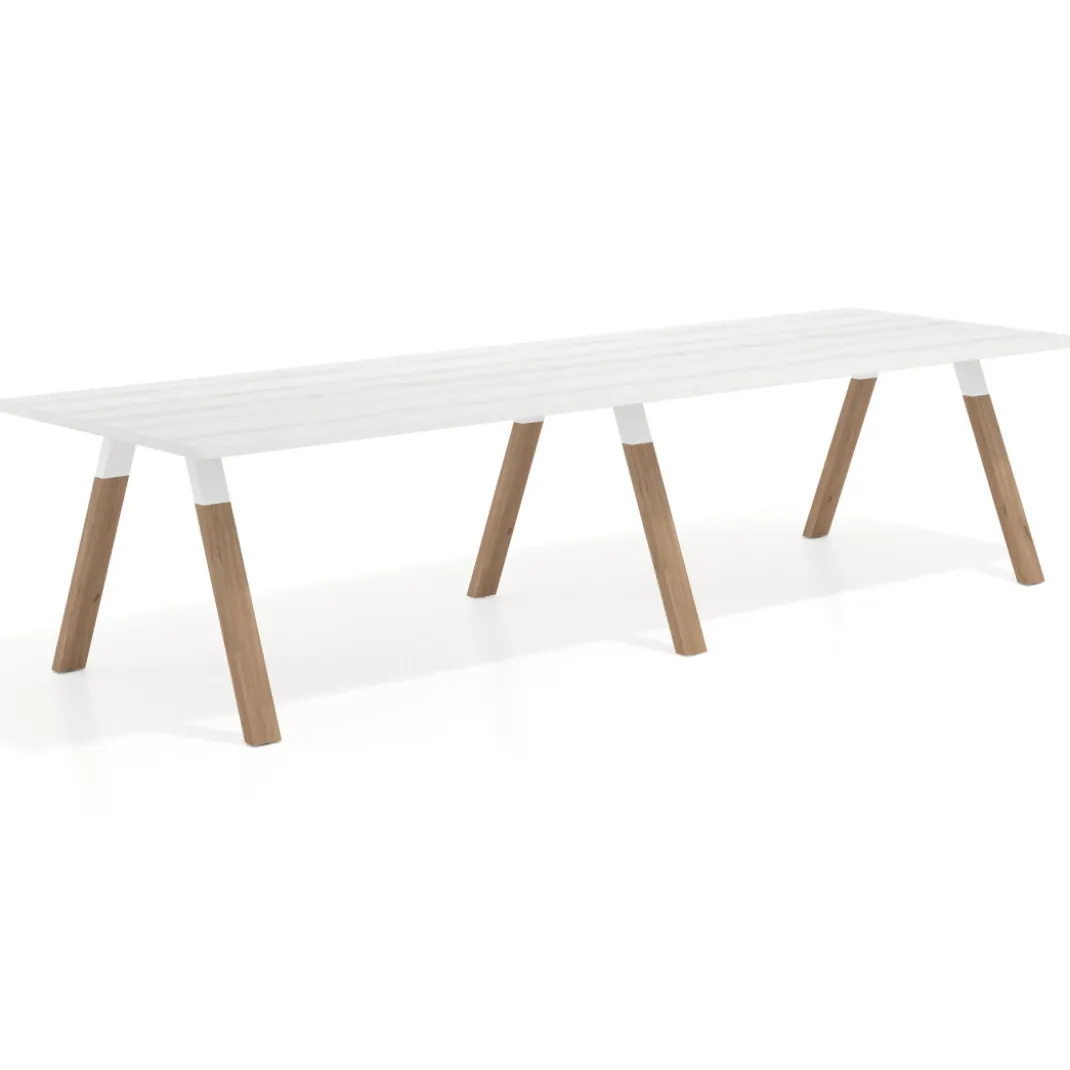 Mesa de oficina progresiva UvePro doble, fondo 100cm, estructura blanca, patas de madera