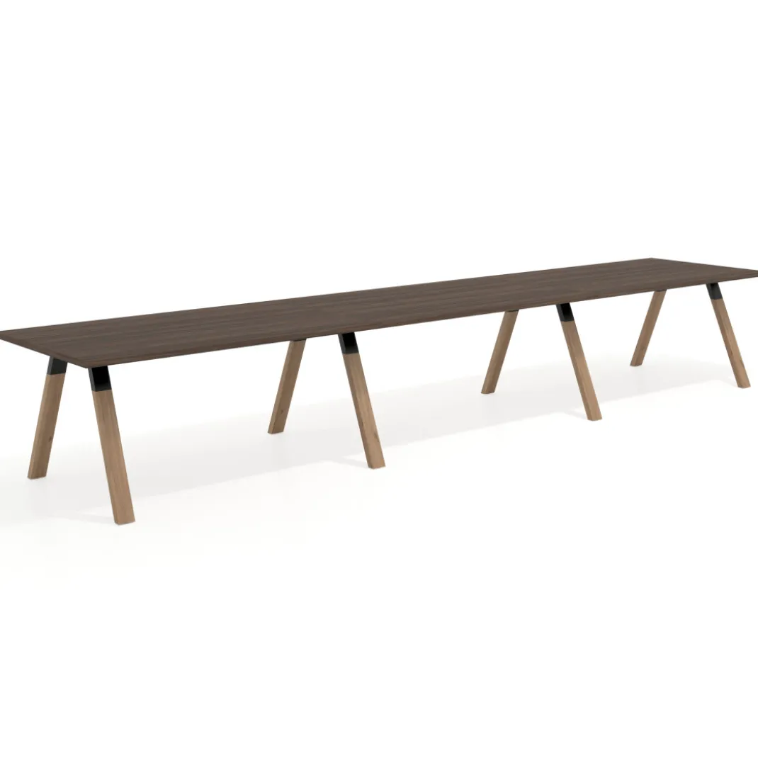 Mesa de oficina progresiva UvePro triple, fondo 100cm, estructura negra, patas de madera