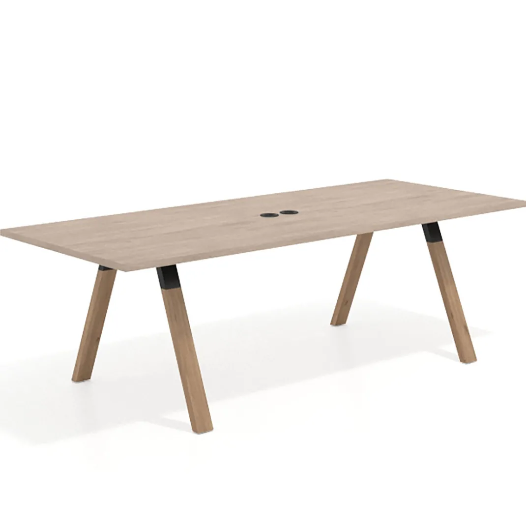 Mesa de reuniones rectangular UvePro fondo 100cm, estructura negra, patas de madera