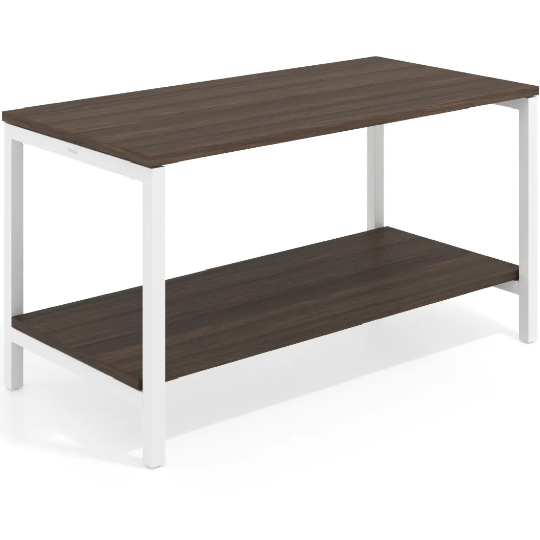 Mesa de trabajo expositor Kube con 2 niveles, estructura blanca