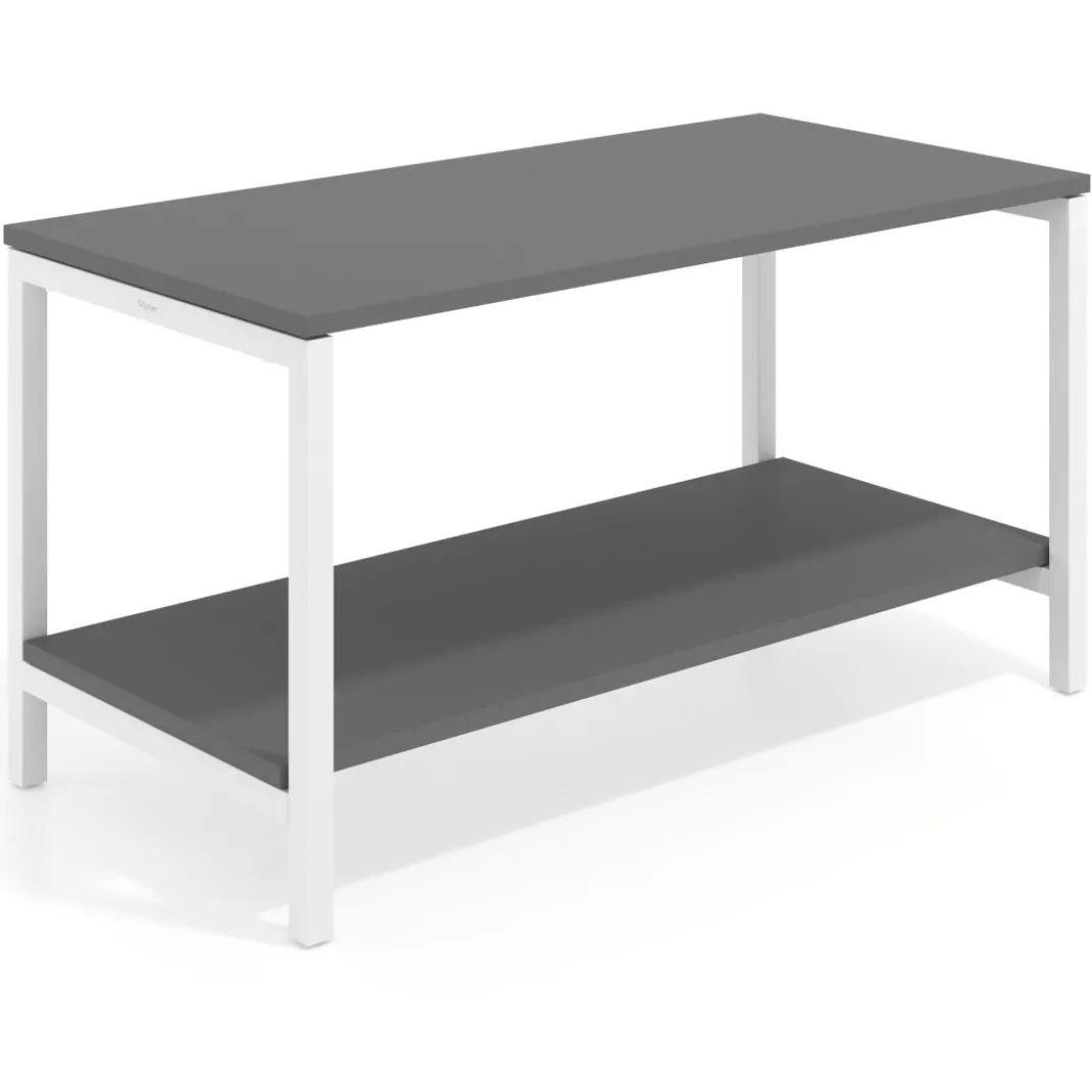 Mesa de trabajo expositor Kube con 2 niveles, estructura blanca