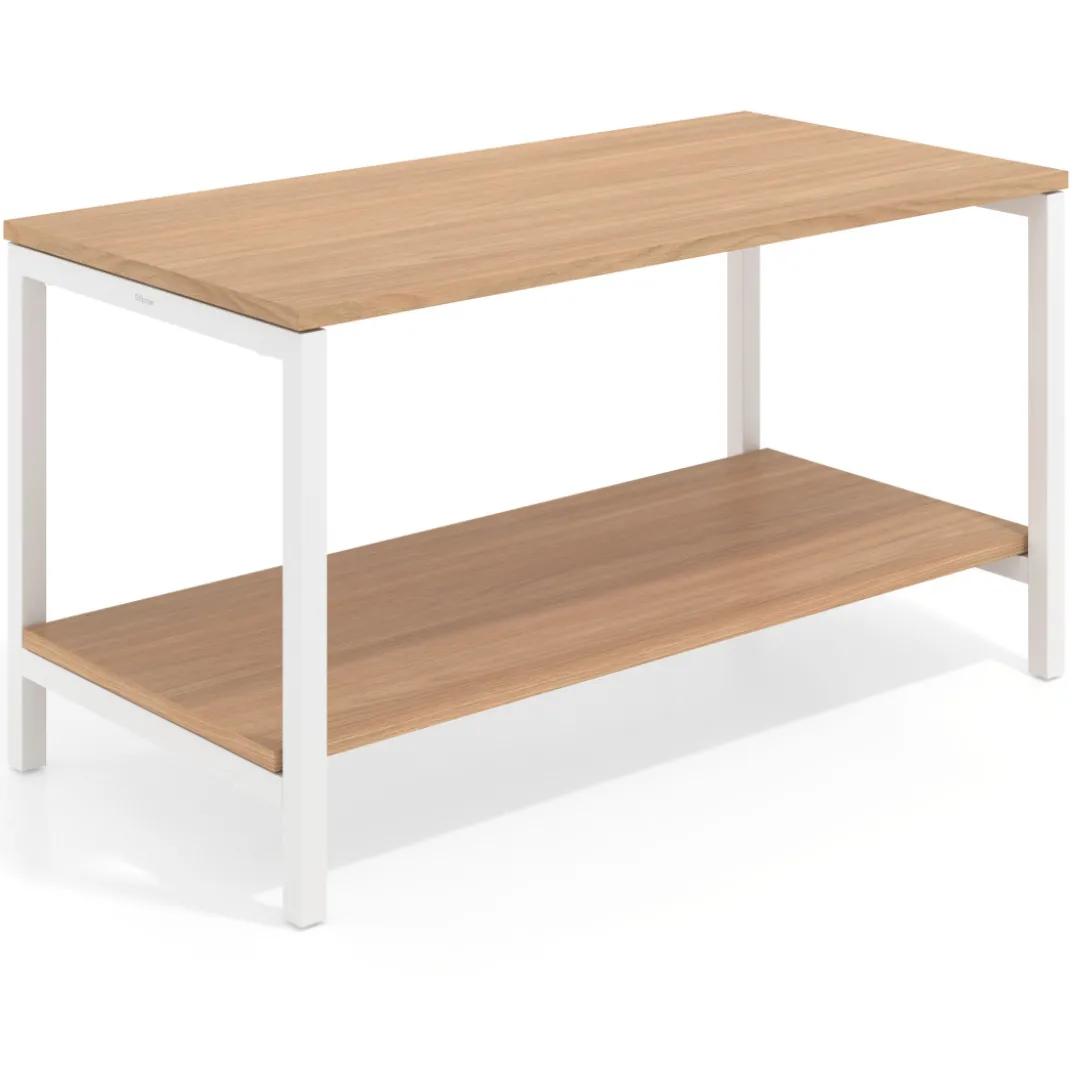 Mesa de trabajo expositor Kube con 2 niveles, estructura blanca