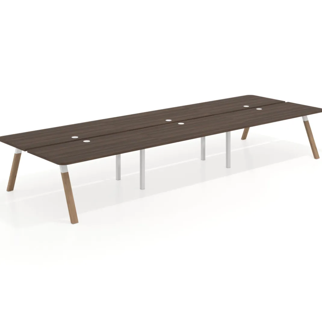 Mesa multipuesto UvePro Bench triple, fondo 166 cm, sobre curvo, estructura blanca/madera