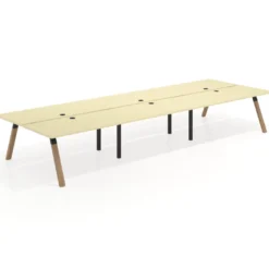 Mesa multipuesto UvePro Bench triple, fondo 166 cm, estructura negra/madera