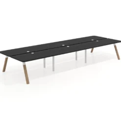 Mesa multipuesto UvePro Bench triple, fondo 166 cm, sobre curvo, estructura blanca/madera