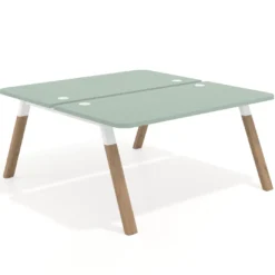 Mesa multipuesto UvePro Bench fondo 166 cm, sobre curvo, estructura blanca/madera