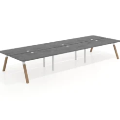 Mesa multipuesto UvePro Bench triple, fondo 166 cm, sobre curvo, estructura blanca/madera