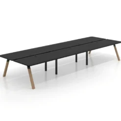 Mesa multipuesto UvePro Bench triple, fondo 166 cm, sobre curvo, estructura negra/madera