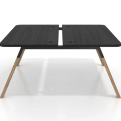 Mesa multipuesto UvePro Bench fondo 166 cm, sobre curvo, estructura negra/madera