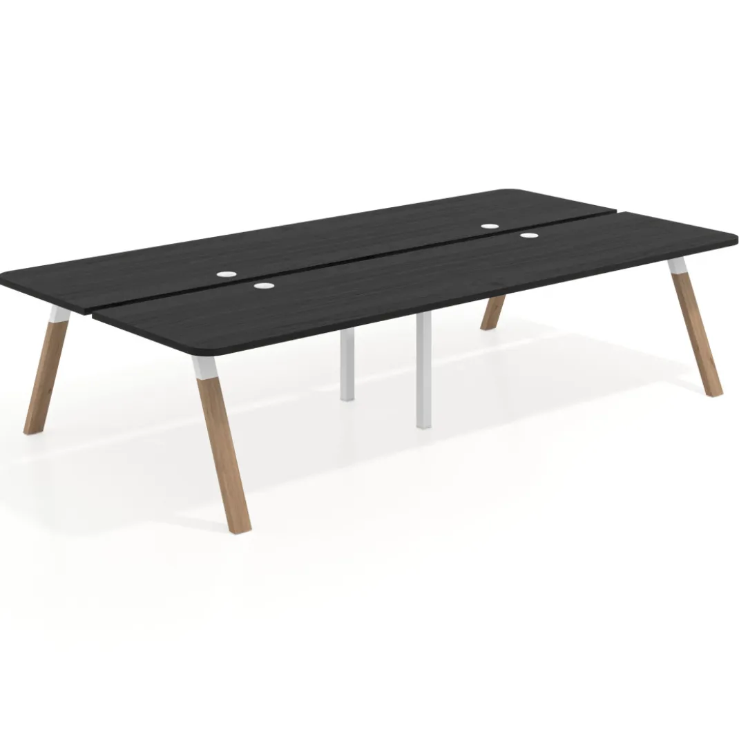 Mesa multipuesto UvePro Bench doble, fondo 166 cm, sobre curvo, estructura blanca/madera