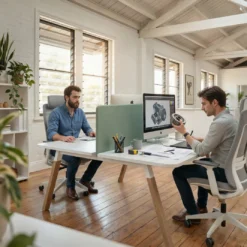 Mesa multipuesto UvePro Bench fondo 166 cm, sobre curvo, estructura blanca/madera