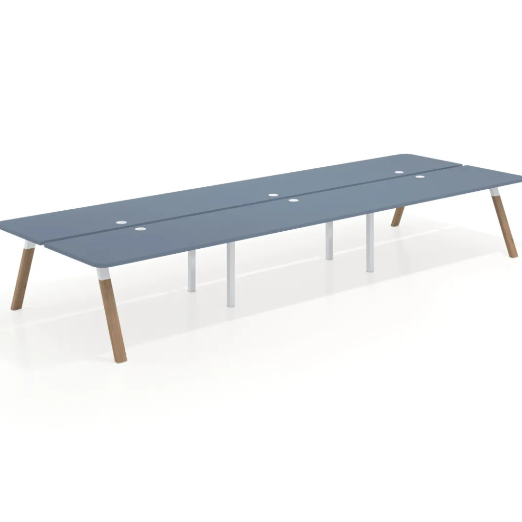 Mesa multipuesto UvePro Bench triple, fondo 166 cm, sobre curvo, estructura blanca/madera