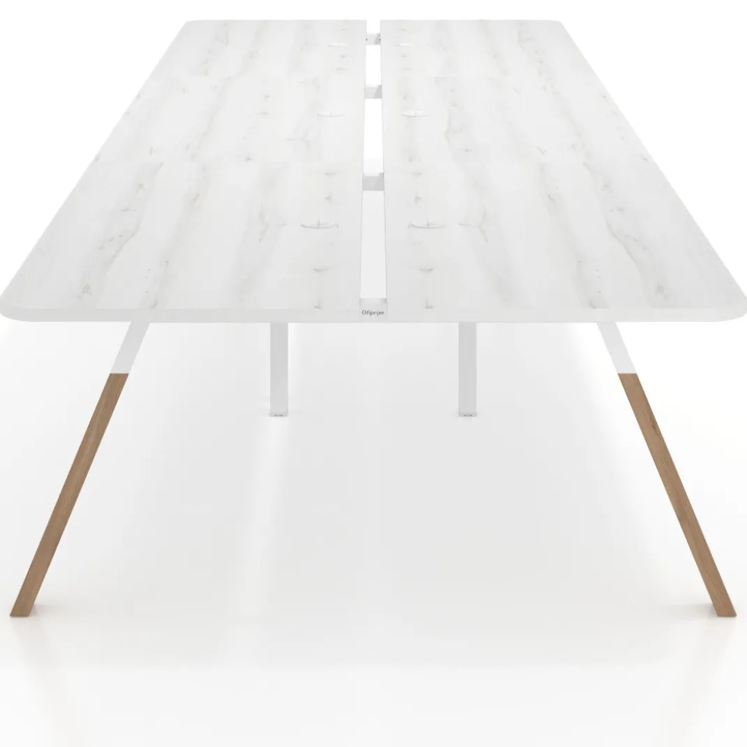 Mesa multipuesto UvePro Bench triple, fondo 166 cm, sobre curvo, estructura blanca/madera