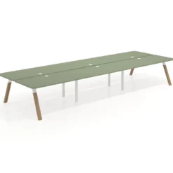 Mesa multipuesto UvePro Bench triple, fondo 166 cm, sobre curvo, estructura blanca/madera