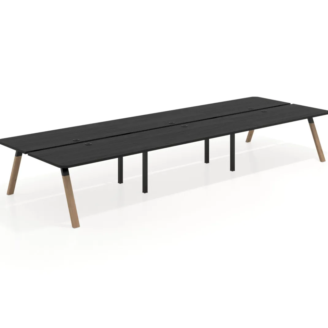 Mesa multipuesto UvePro Bench triple, fondo 166 cm, sobre curvo, estructura negra/madera