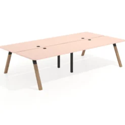 Mesa multipuesto UvePro Bench doble, fondo 166 cm, sobre curvo, estructura negra/madera