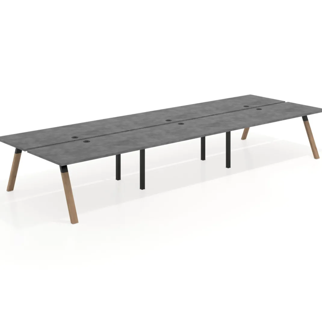 Mesa multipuesto UvePro Bench triple, fondo 166 cm, estructura negra/madera