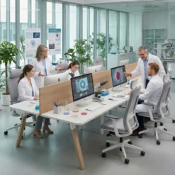 Mesa multipuesto UvePro Bench triple, fondo 166 cm, sobre curvo, estructura blanca/madera