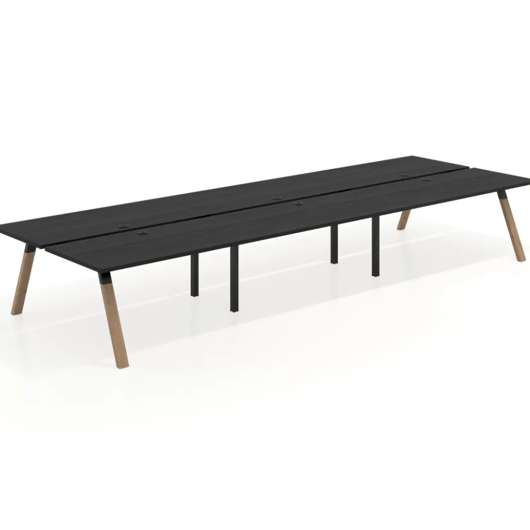 Mesa multipuesto UvePro Bench triple, fondo 166 cm, estructura negra/madera