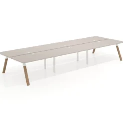 Mesa multipuesto UvePro Bench triple, fondo 166 cm, sobre curvo, estructura blanca/madera