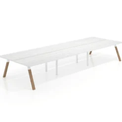 Mesa multipuesto UvePro Bench triple, fondo 166 cm, sobre curvo, estructura blanca/madera