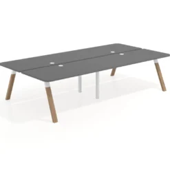 Mesa multipuesto UvePro Bench doble, fondo 166 cm, sobre curvo, estructura blanca/madera