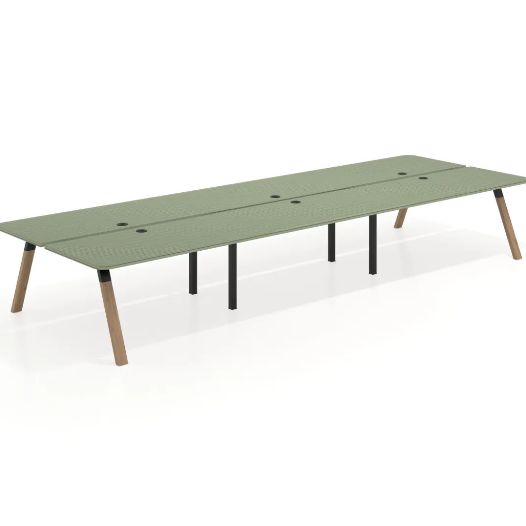Mesa multipuesto UvePro Bench triple, fondo 166 cm, sobre curvo, estructura negra/madera