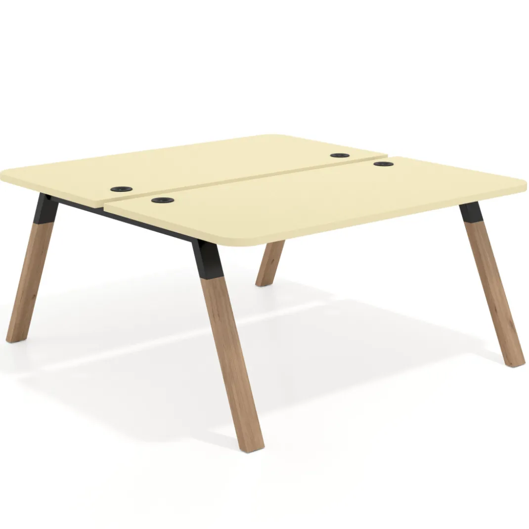 Mesa multipuesto UvePro Bench fondo 166 cm, sobre curvo, estructura negra/madera