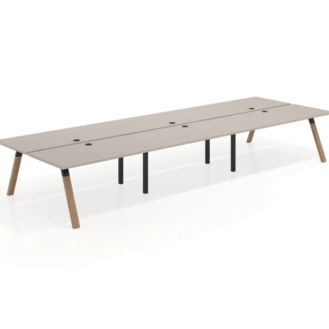 Mesa multipuesto UvePro Bench triple, fondo 166 cm, estructura negra/madera