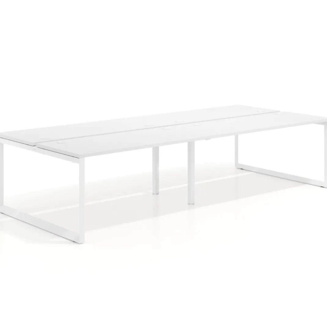 Mesa oficina multipuesto bench Delta doble, fondo 142cm, estructura blanca