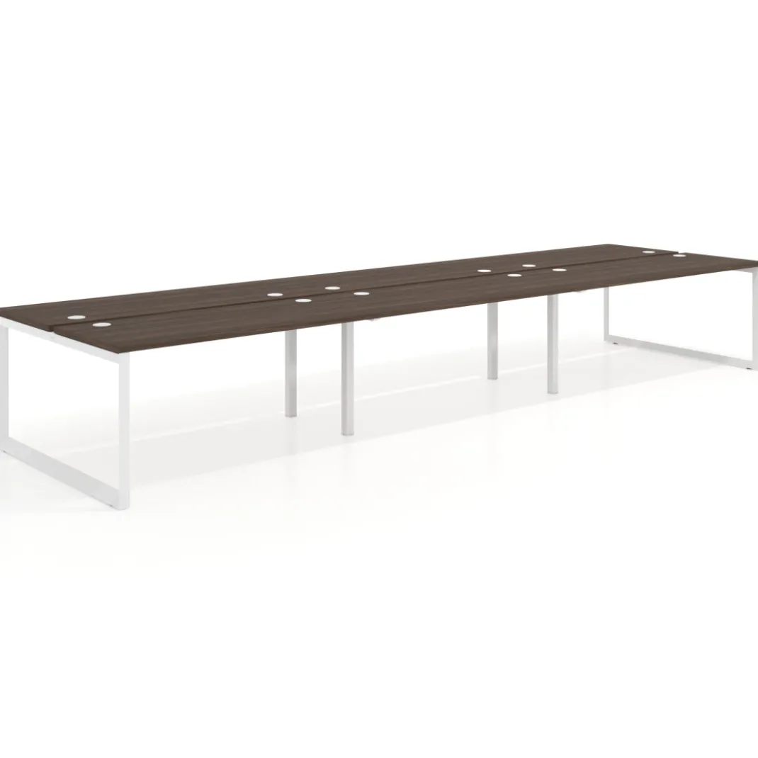 Mesa oficina multipuesto bench Delta triple, fondo 142cm, estructura blanca