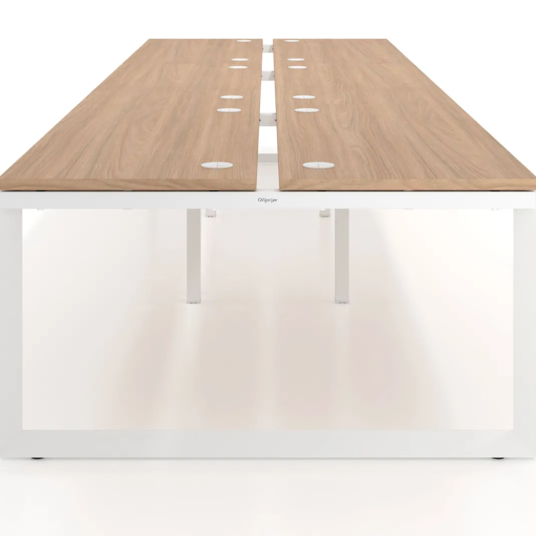 Mesa oficina multipuesto bench Delta triple, fondo 142cm, estructura blanca