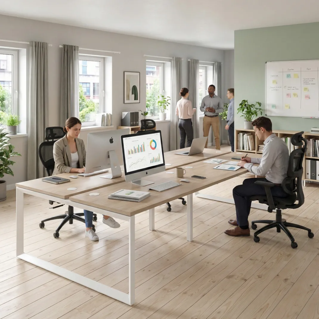 Mesa oficina multipuesto bench Delta doble, fondo 142cm, estructura blanca