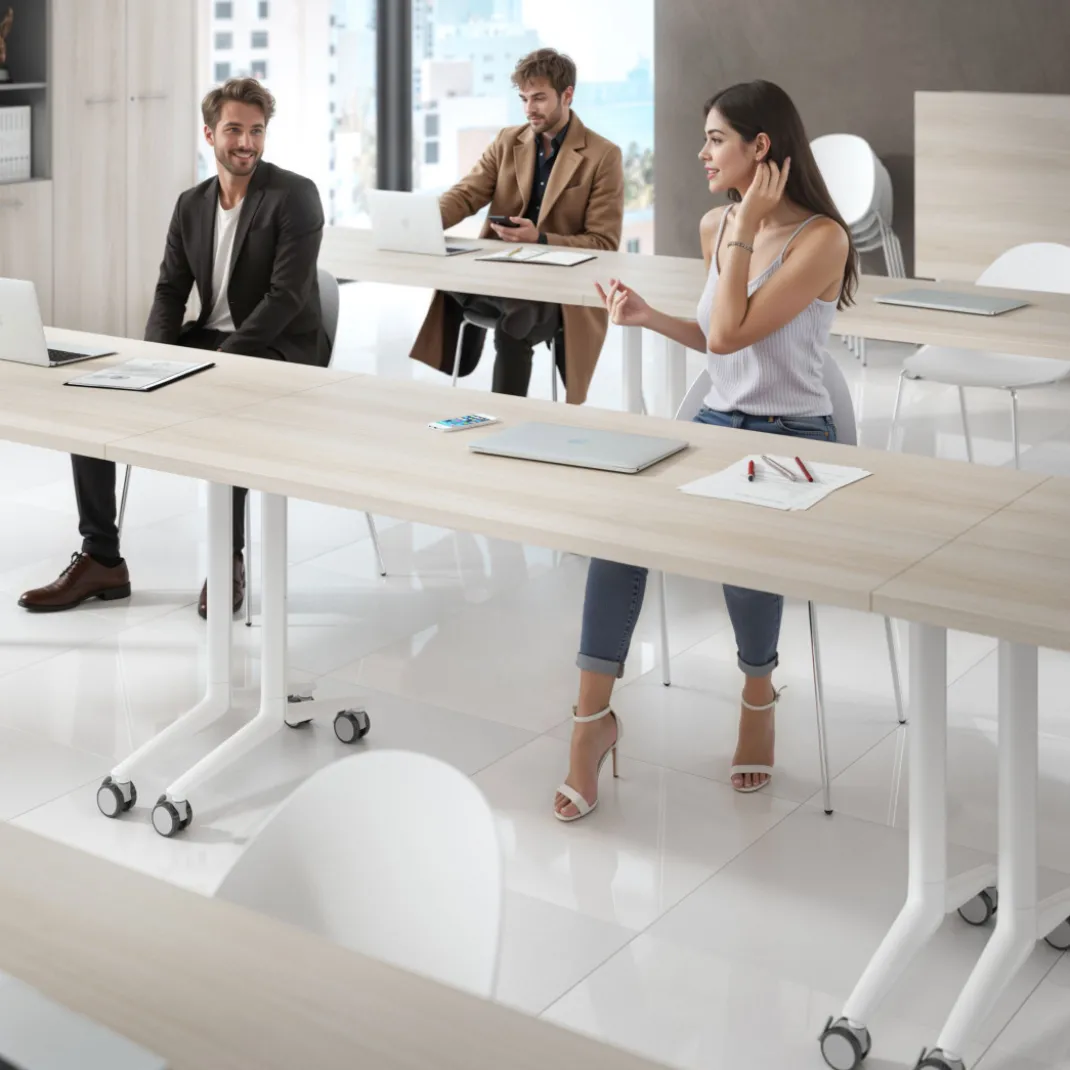 Mesa plegable pivot rectangular, estructura blanca, canto 30cm