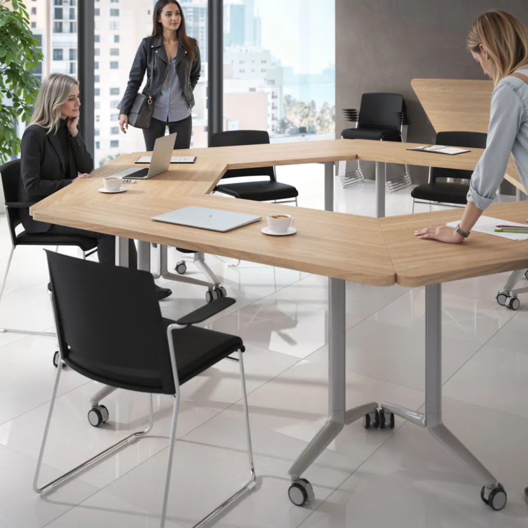 Mesa plegable pivot trapezoidal, estructura aluminio, canto 30cm