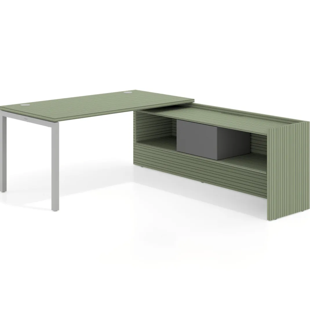 Mesa de despacho en L Kube fondo 80cm con ala+cajones WorkPlus estructura aluminio